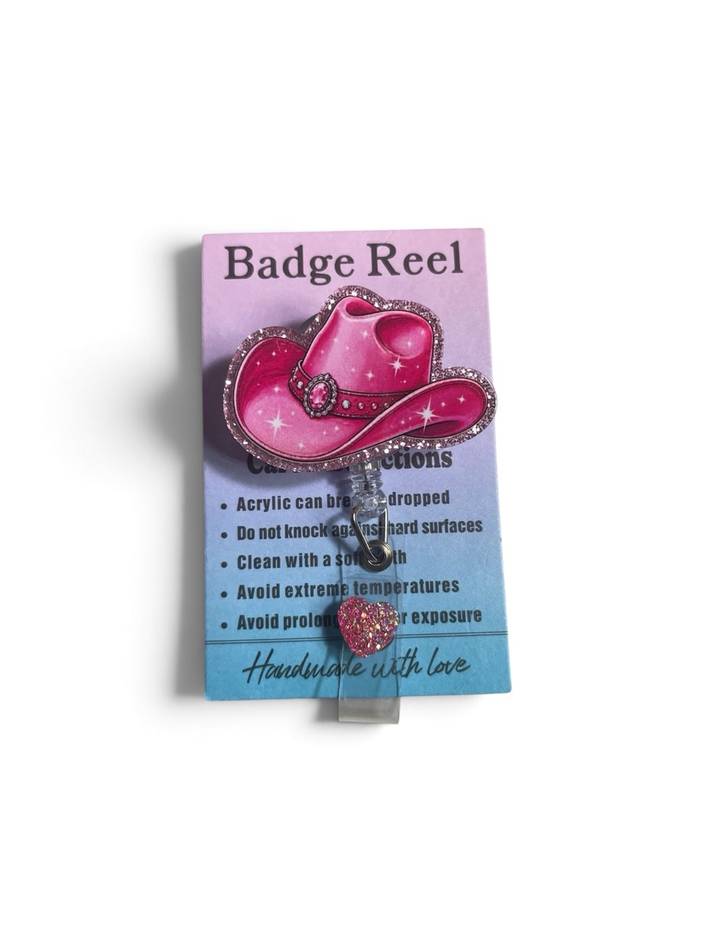 Pink Cowboy Hat Badge Reel with Glitter Heart - Handmade